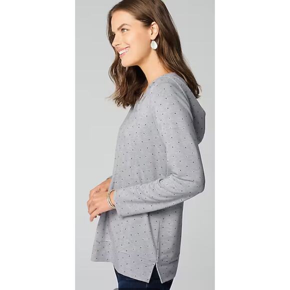 J Jill Seamed Polka Dot Hoodie Tunic Shirt Womens Size Small New Grey Black - Picture 4 of 15